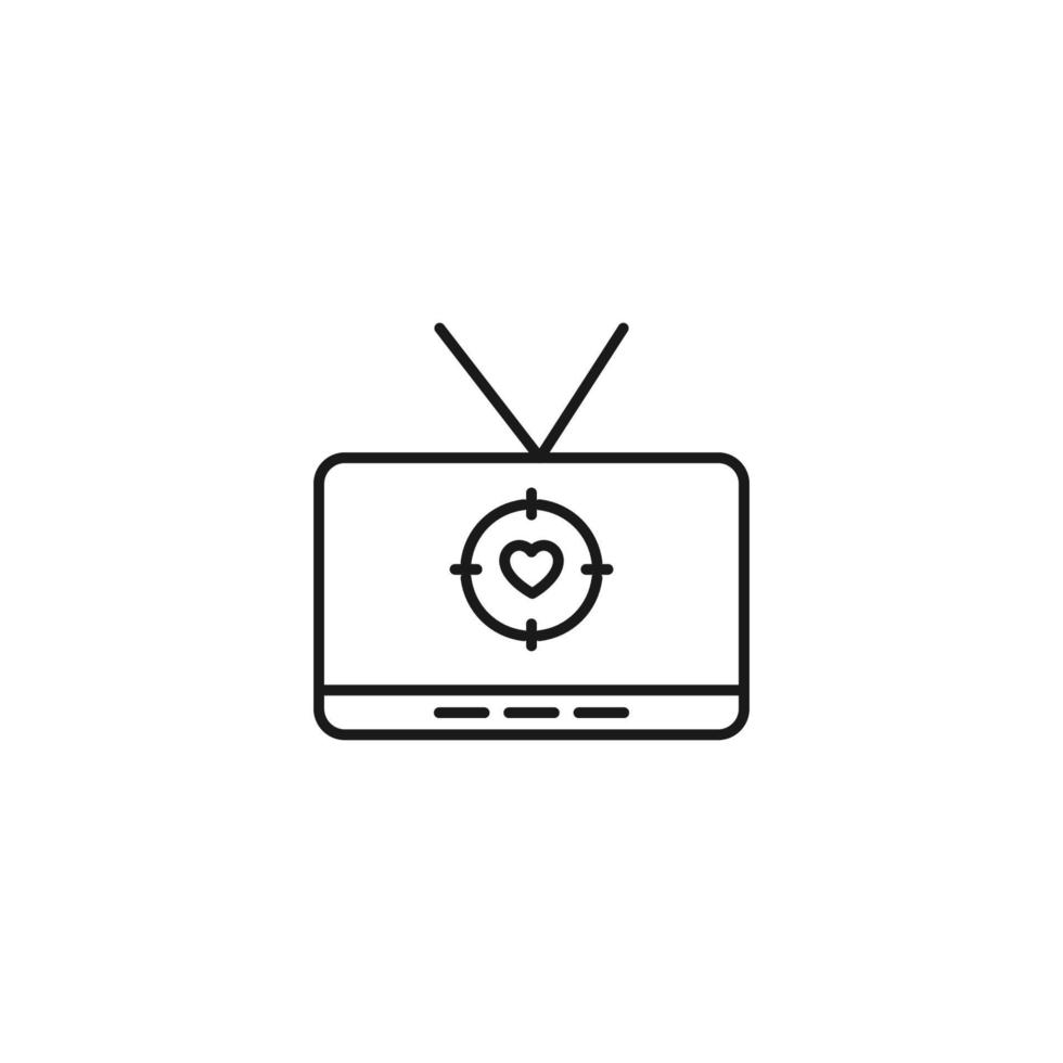 Television, tv set, tv show concept. Vector sign drawn in flat style. Suitable for sites, articles, books, apps. Editable stroke. Line icon of heart inside of target on tv screen