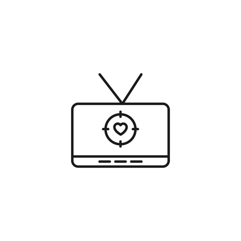 Television, tv set, tv show concept. Vector sign drawn in flat style. Suitable for sites, articles, books, apps. Editable stroke. Line icon of heart inside of target on tv screen