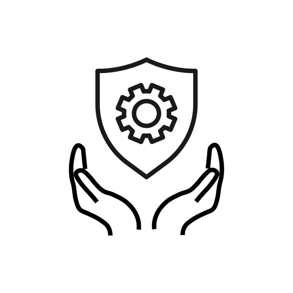 Support, present and charity concept. Modern vector sign drawn with black thin line. Editable stroke. Vector line icon of gear inside of shield over outstretched hands