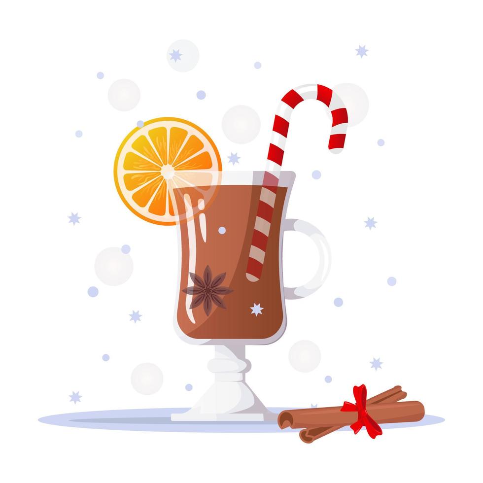 Mulled wine isolated on white background. Hot Christmas drink in glass, caramel stick, anise star, cinnamon sticks, orange slices vector