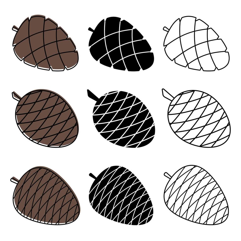 Icon Set cones Pine, cedar on white background. Outline, silhouette, color fill. Logo, template for design postcards, scrapbooking, applications, wallpaper, wrapping, fabric. Vector illustration