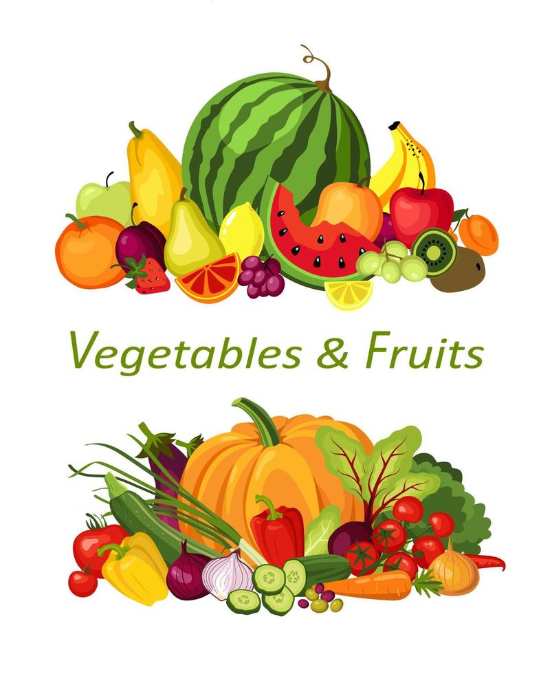 Fresh organic fruits and vegetables. Vector illustration.
