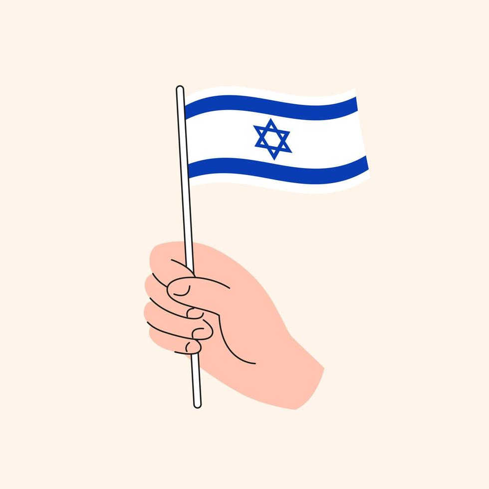 mano de dibujos animados sosteniendo la bandera israelí. bandera de israel, ilustración conceptual, vector aislado de diseño plano.