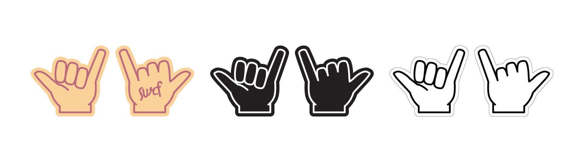 Surfing Fan Gesture, Foam Fan Finger Template Set.Outline Symbol in Different Colors, Vector EPS With Editable Stroke. Design For Music Festivals, Menus, Surf Camps, T Shirts and More