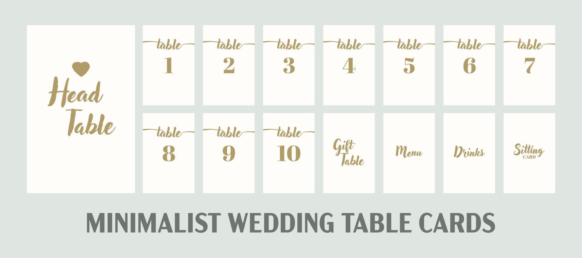 juego de tarjetas de asiento de boda festiva, plantilla vectorial con números y nombres de mesa. elegantes tarjetas de mesa minimalistas de color blanco y colección de estampados de caligrafía dorada. vector