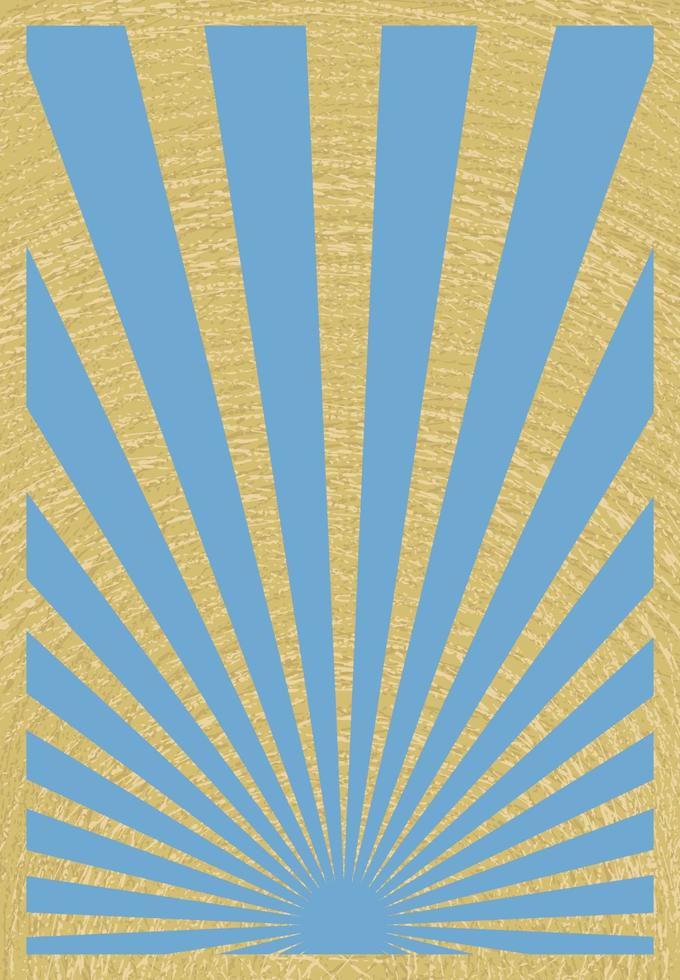 Vintage Blue And Gold Foil Sunburst Stripes Poster With Rays Centered at the Bottom. Retro Inspired Grunge Sun Bursts Vertical Poster Template. vector
