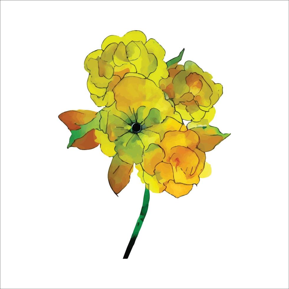 Beautiful watercolor illustration with yellow flower isolated on white background for decorative design. vector