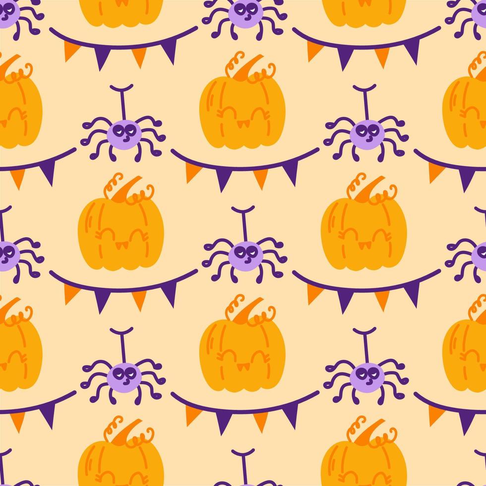 patrones sin fisuras con calabazas y arañas, halloween vector