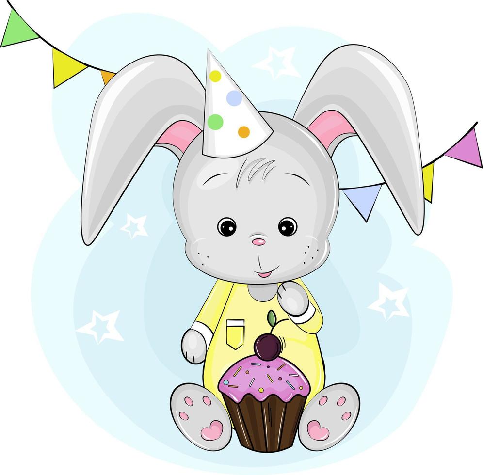 cute bunny celebrates birthday with cupcake vector