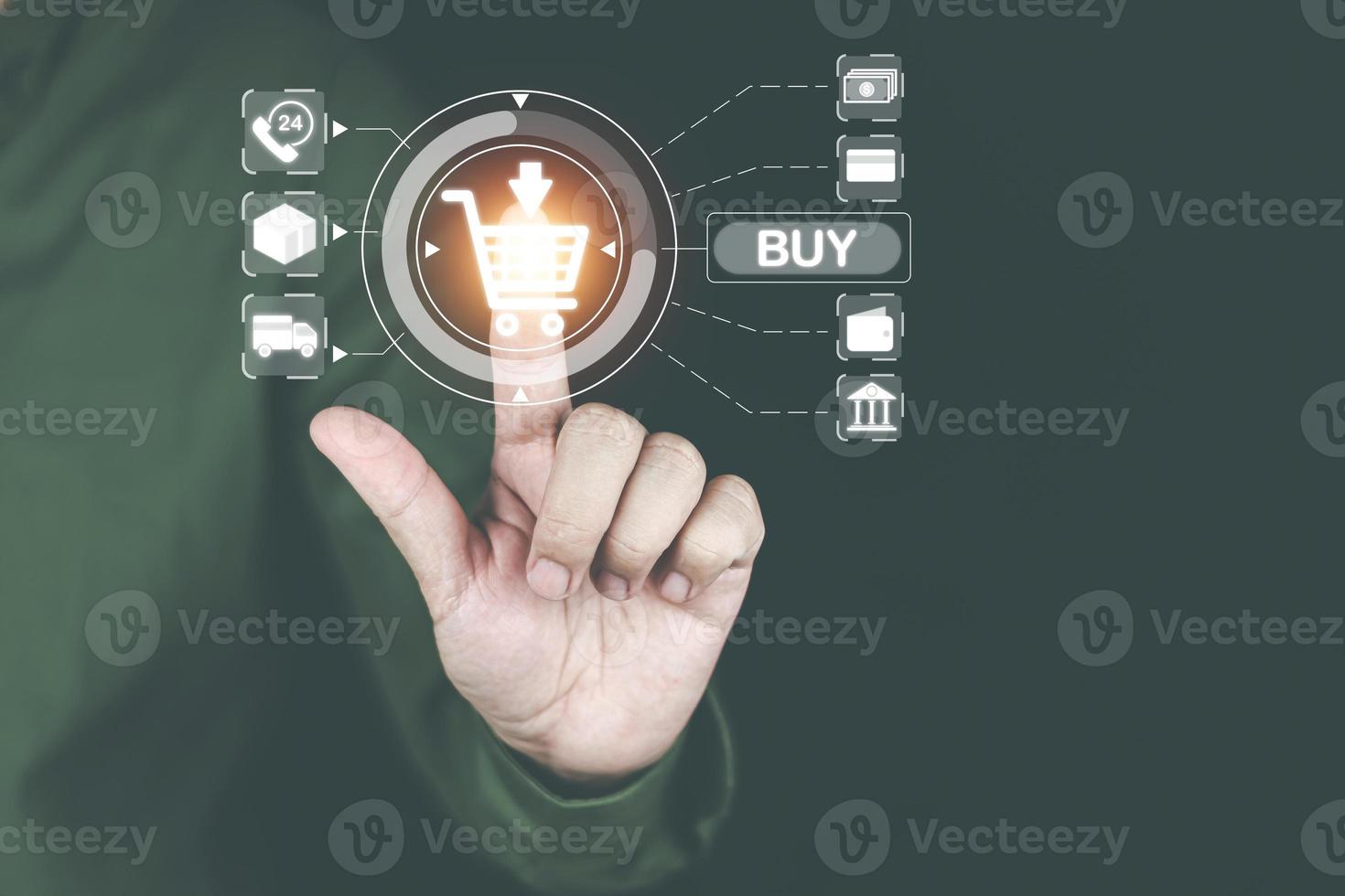 a man's hand is pressing a touchscreen that shows the online store page in case of ordering specify the shop name contact product and delivery details photo