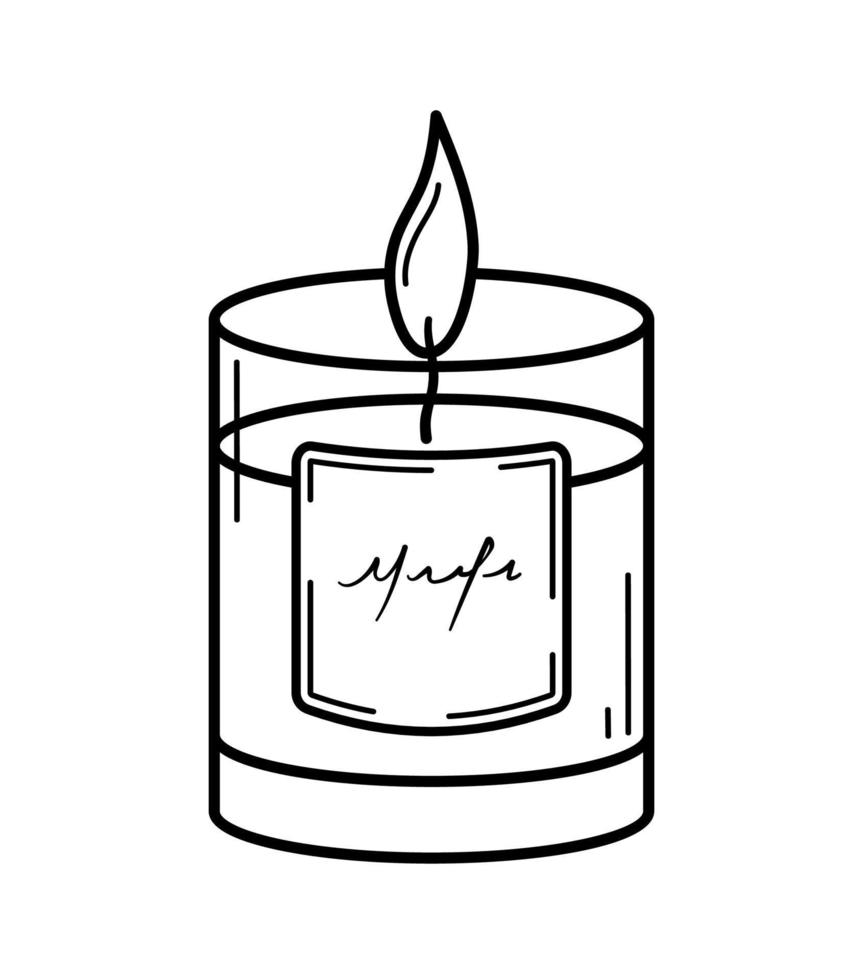 Burning aroma candle in glass jar. Hand drawn sketch icon. Isolated vector illustration in doodle line style.