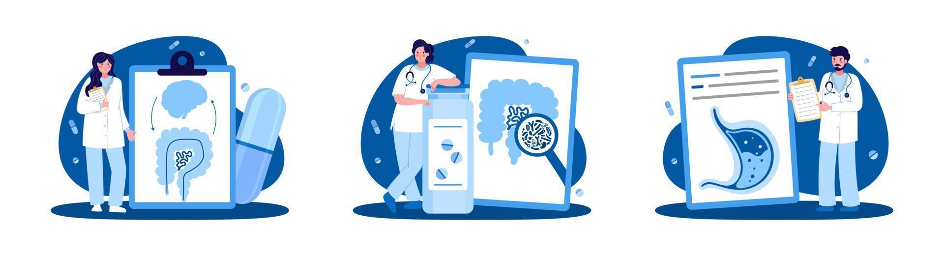 Men and women are medical workers. Gastroenterologist with a tablet. The concept of medicine and health. Vector illustration in a flat style on a blue background