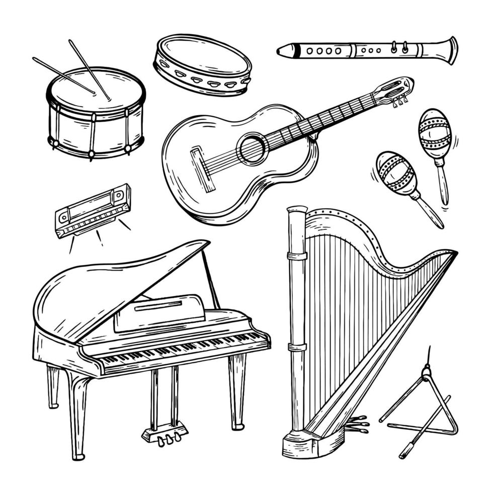 Set musical instruments hand drawn style. Vector black and white doodle illustration