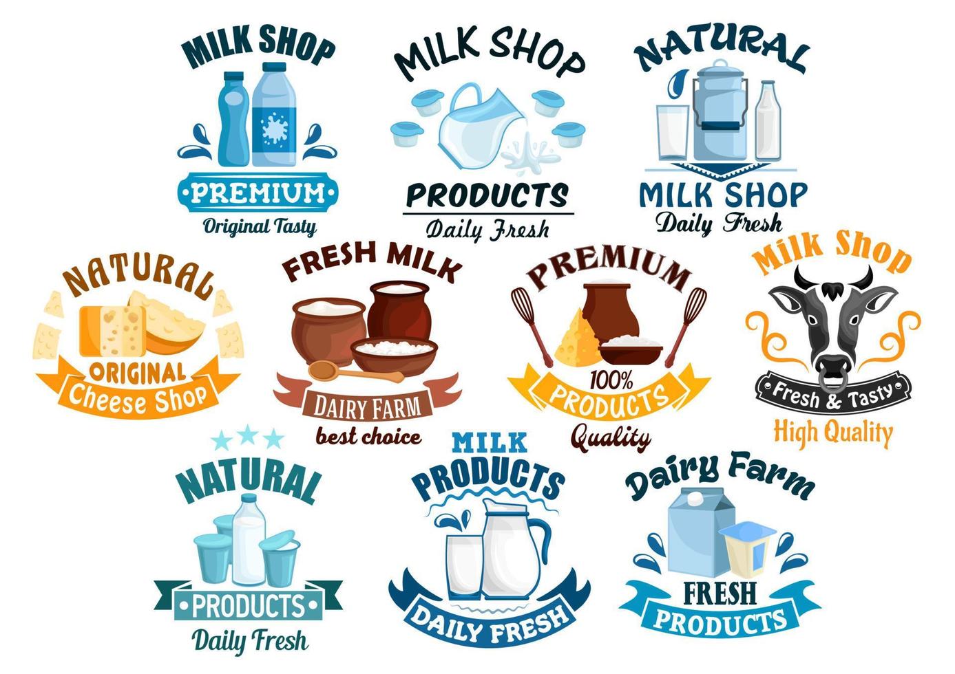 Milk shop and natural dairy products vector icons