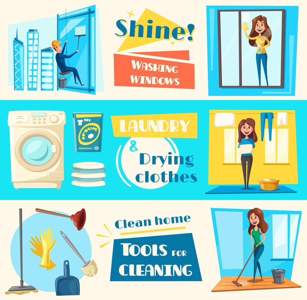 House cleaning service vector flat banners set