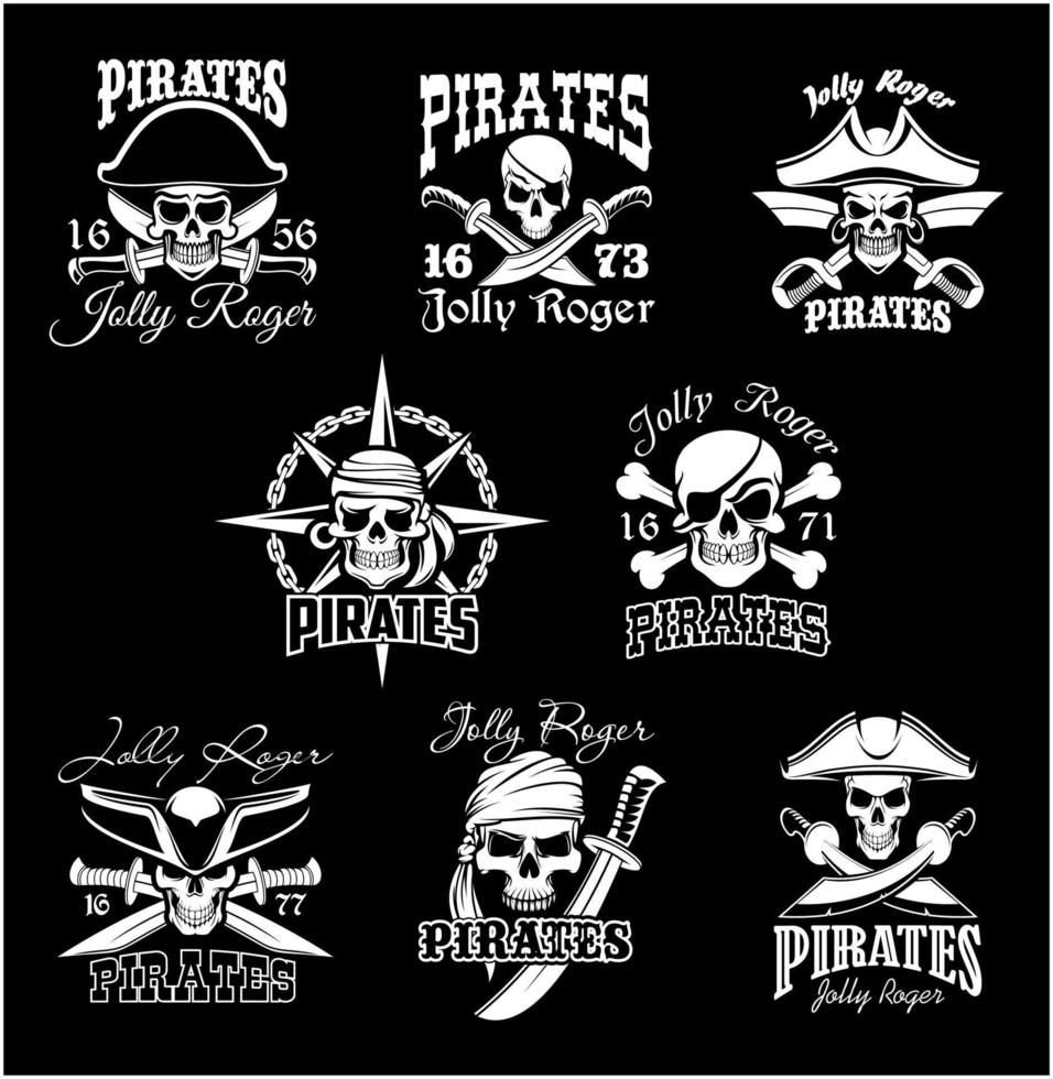 Pirate skull with crossbone, Jolly Roger icon set vector