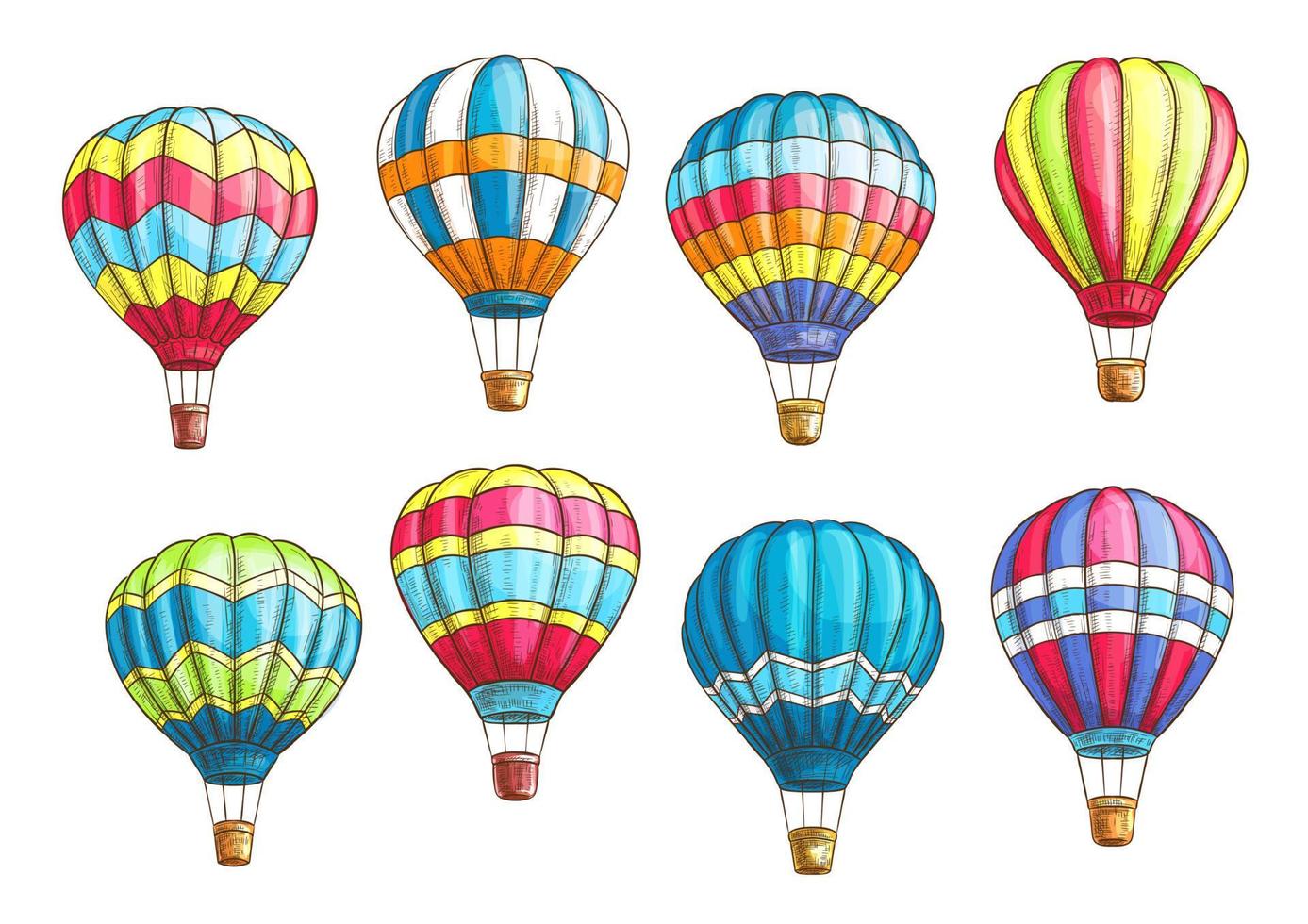 Vector sketch icons set hot air balloons pattern