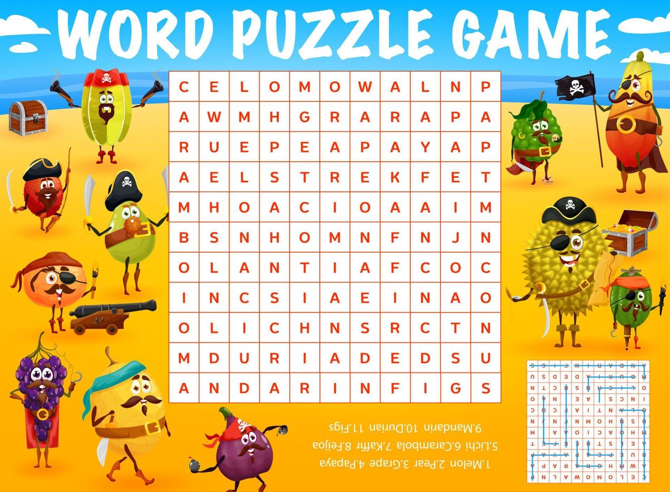 Cartoon fruit pirate characters word search puzzle vector