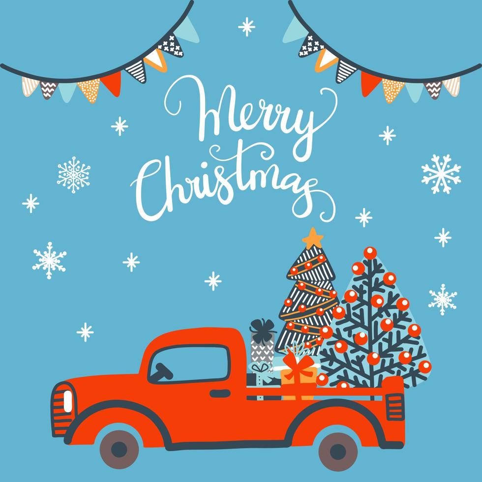 Merry Christmas square card red truck vector illustration