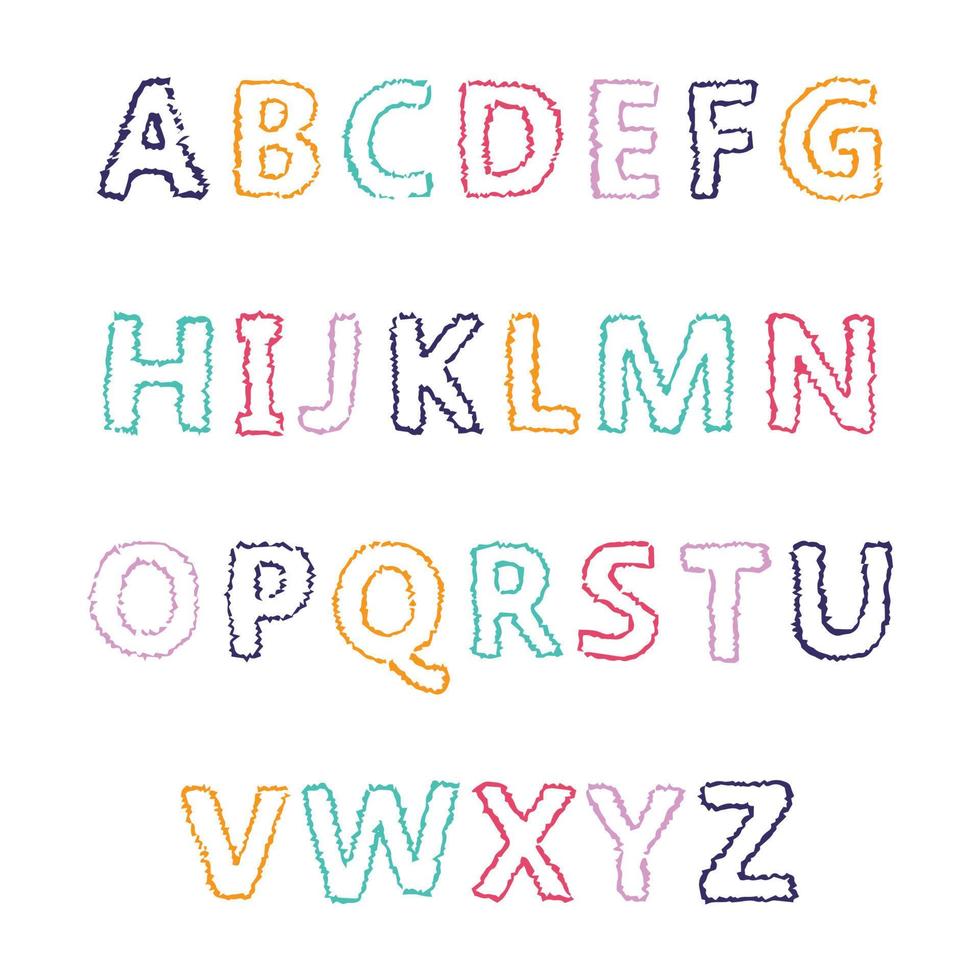 letras del alfabeto latino dibujadas a mano. fuente y tipografía modernas en mayúsculas. símbolos multicolores sobre fondo blanco. ilustración vectorial vector
