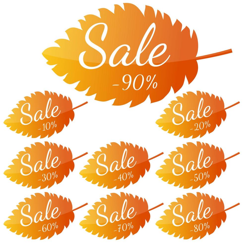 Set of autumn yellow-red leaves with inscription Sale. Discounts from 10 to 90 percent. Vector illustration.