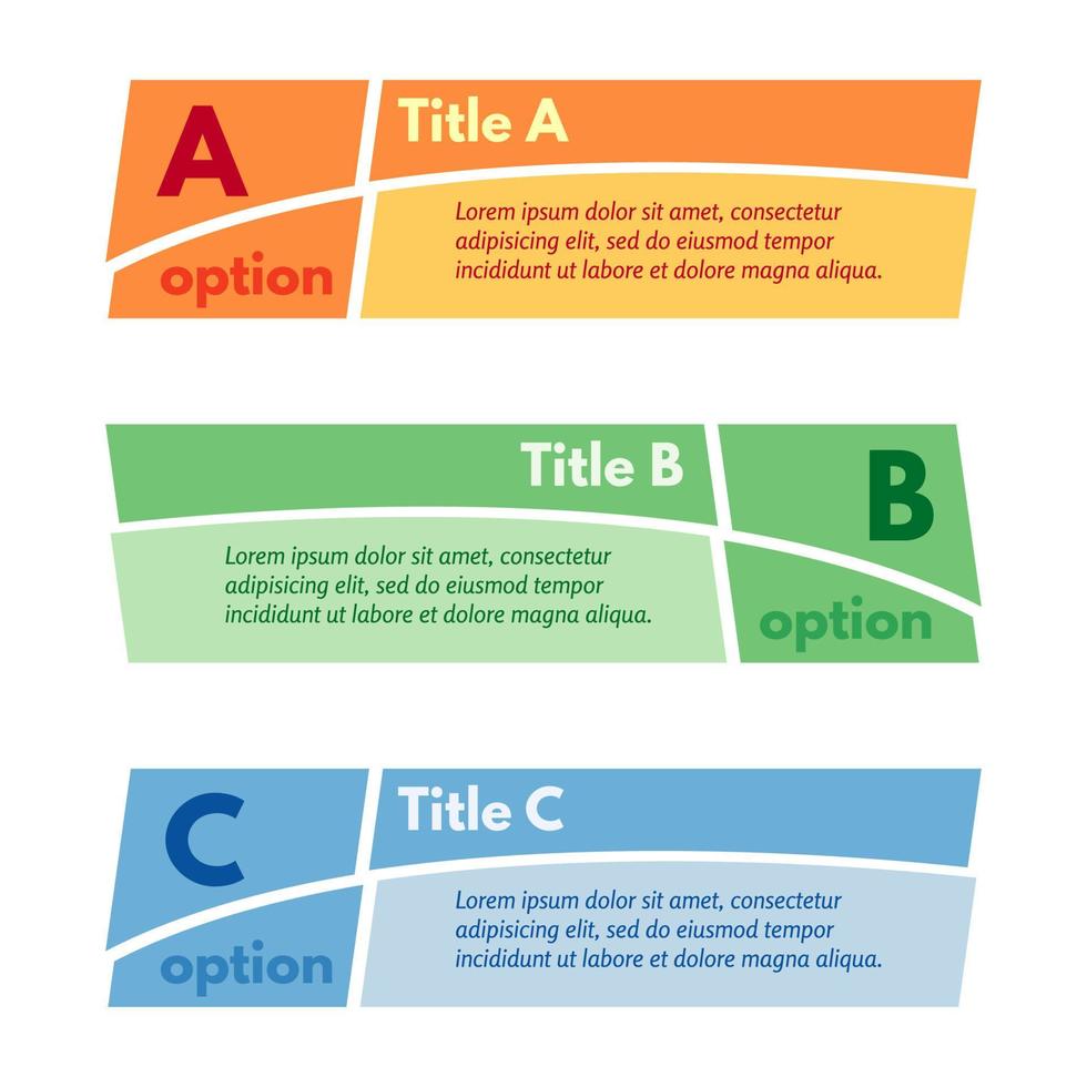 Set of three horizontal colorful options banners. Step by step infographic design template. Vector illustration