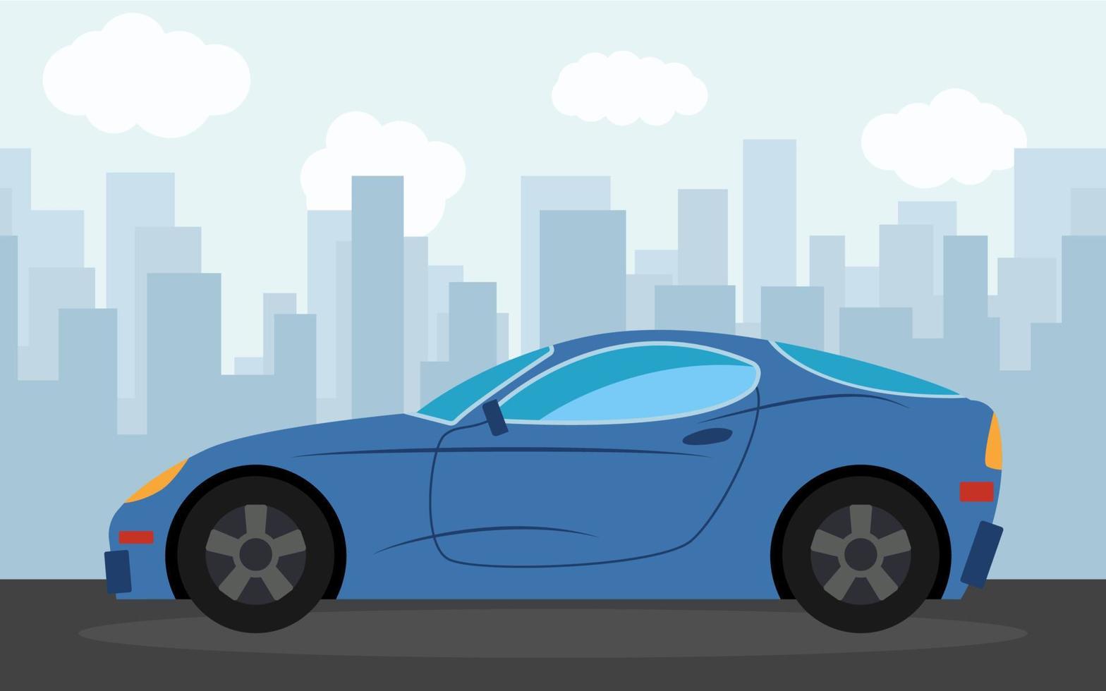 Blue sports car in the background of skyscrapers in the afternoon. Vector illustration.