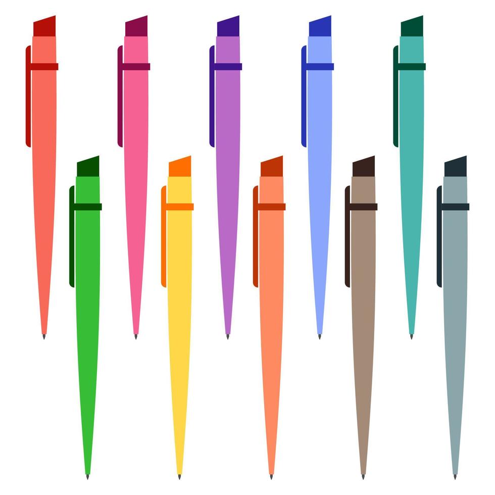 Set of multi-colored pens on a white background. Vector illustration.