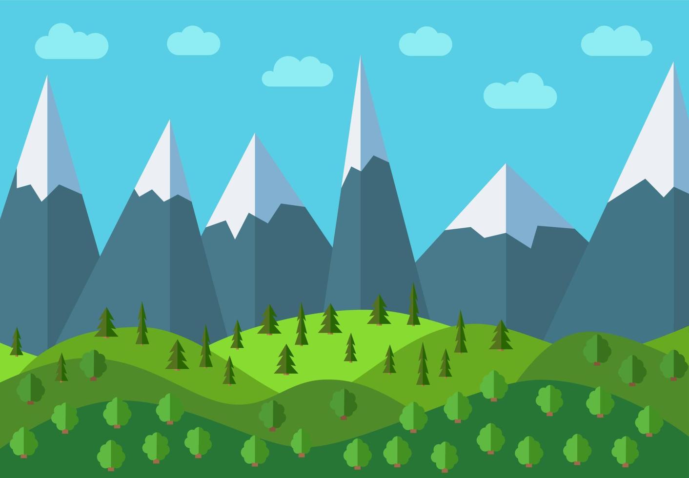 Vector panoramic mountain cartoon landscape. Natural landscape in the flat style with blue sky, clouds, trees, hills and mountains with snow on the peaks.