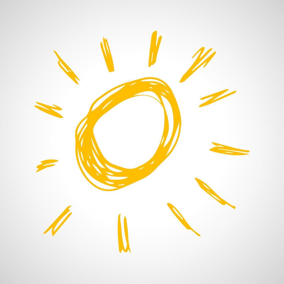 Hand drawn sun. Simple sketch sun. Solar symbol. Yellow doodle isolated on white background. Vector illustration.