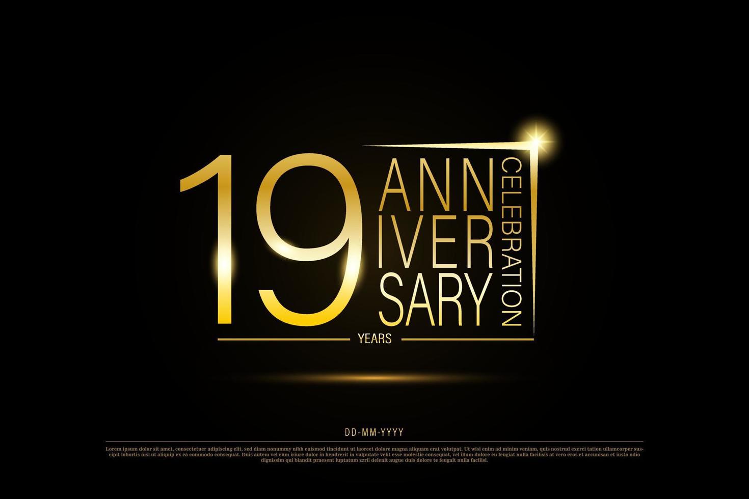 19 year anniversary golden gold logo on black background, vector design for celebration.