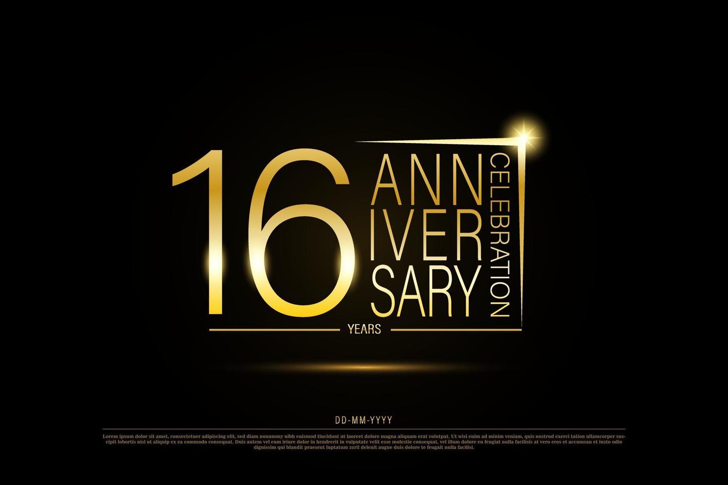Logo dorado de 16 años de aniversario sobre fondo negro, diseño vectorial para celebración. vector