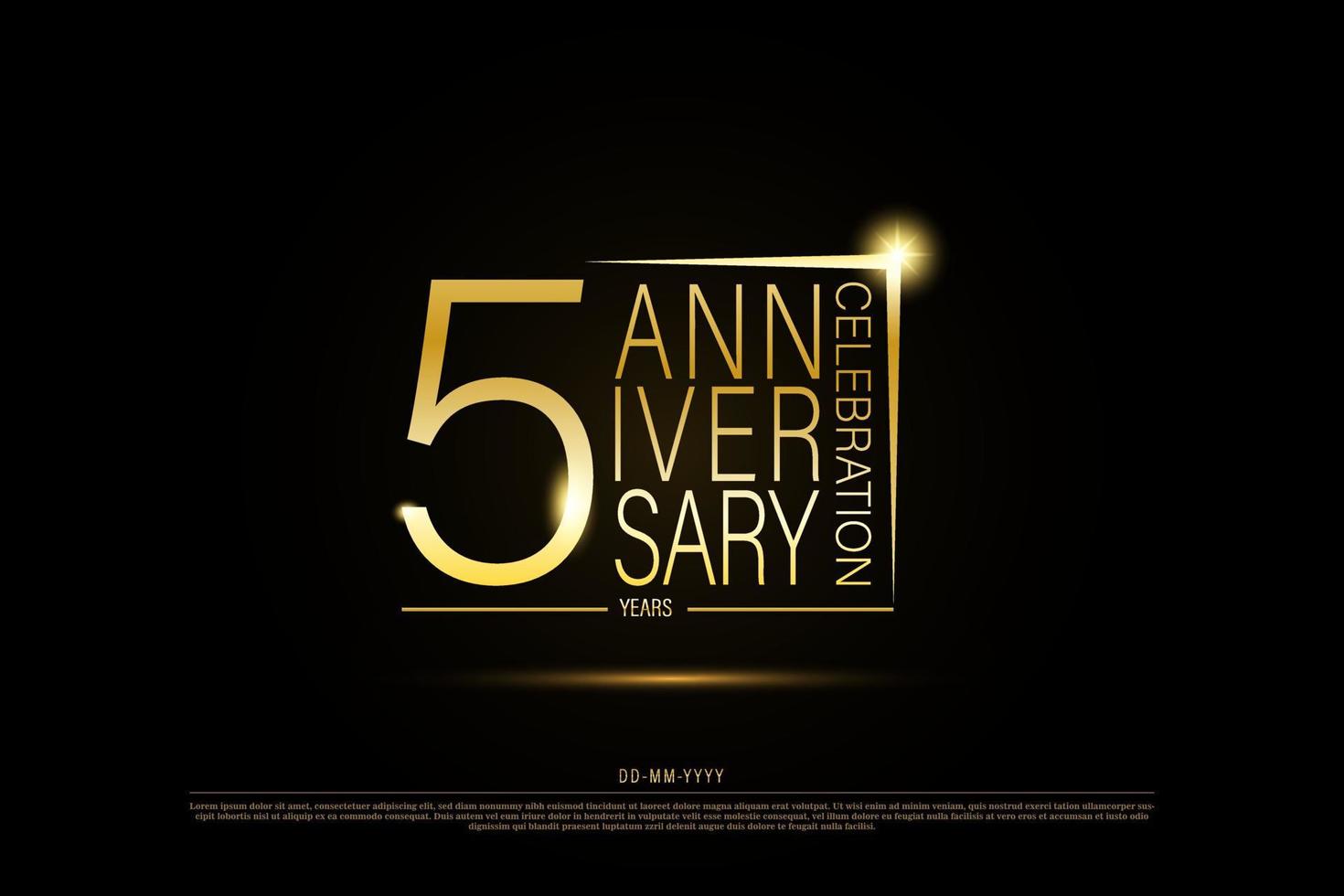 5 year anniversary golden gold logo on black background, vector design for celebration.