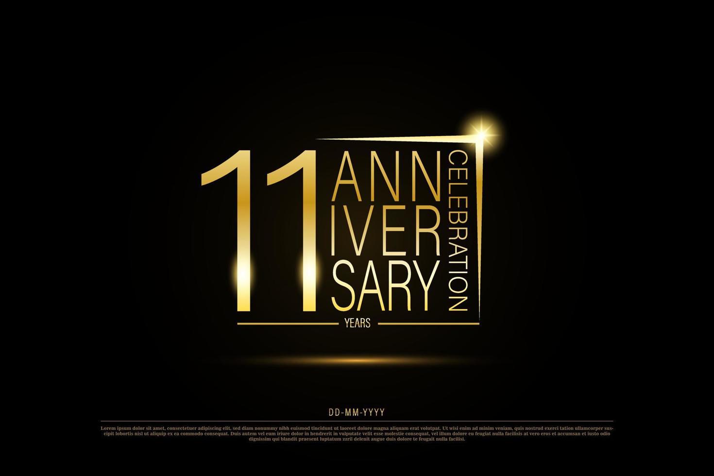 11 year anniversary golden gold logo on black background, vector design for celebration.
