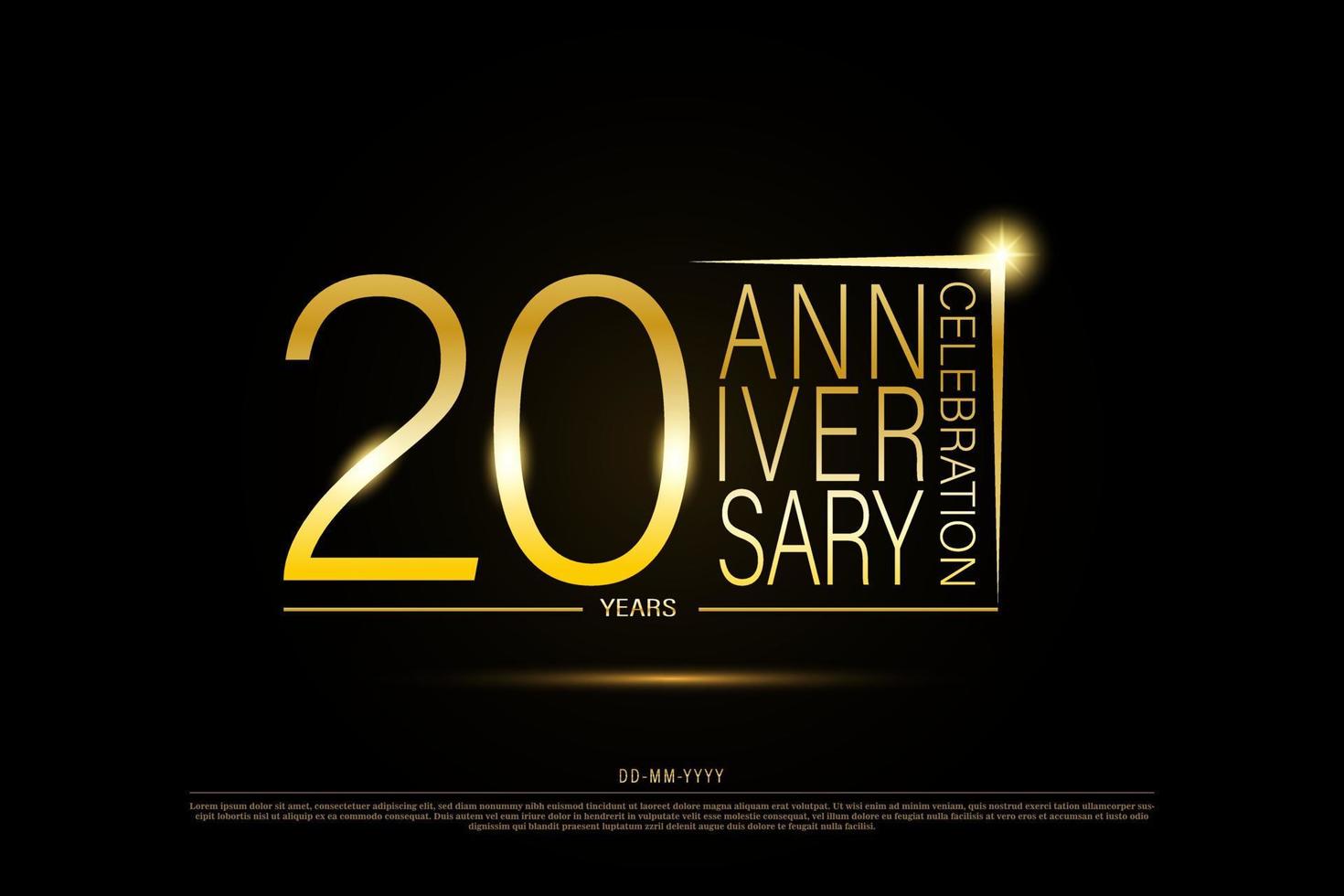 Logotipo dorado de 20 años de aniversario sobre fondo negro, diseño vectorial para celebración. vector