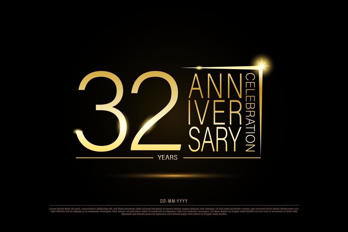 Logotipo dorado de 32 años de aniversario sobre fondo negro, diseño vectorial para celebración. vector