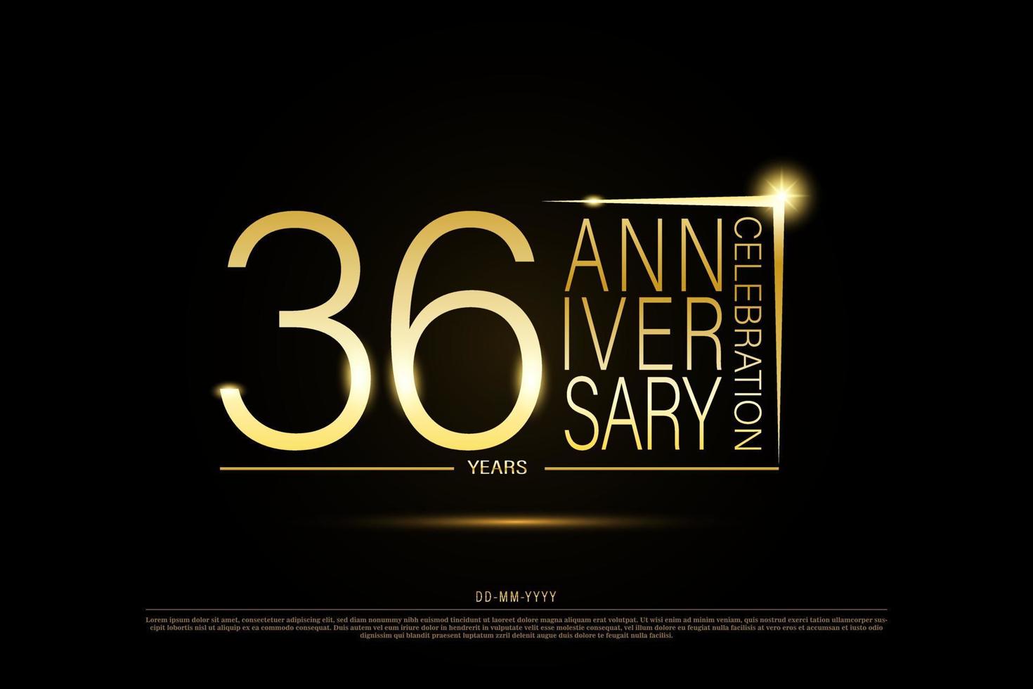 Logotipo dorado de 36 años de aniversario sobre fondo negro, diseño vectorial para celebración. vector