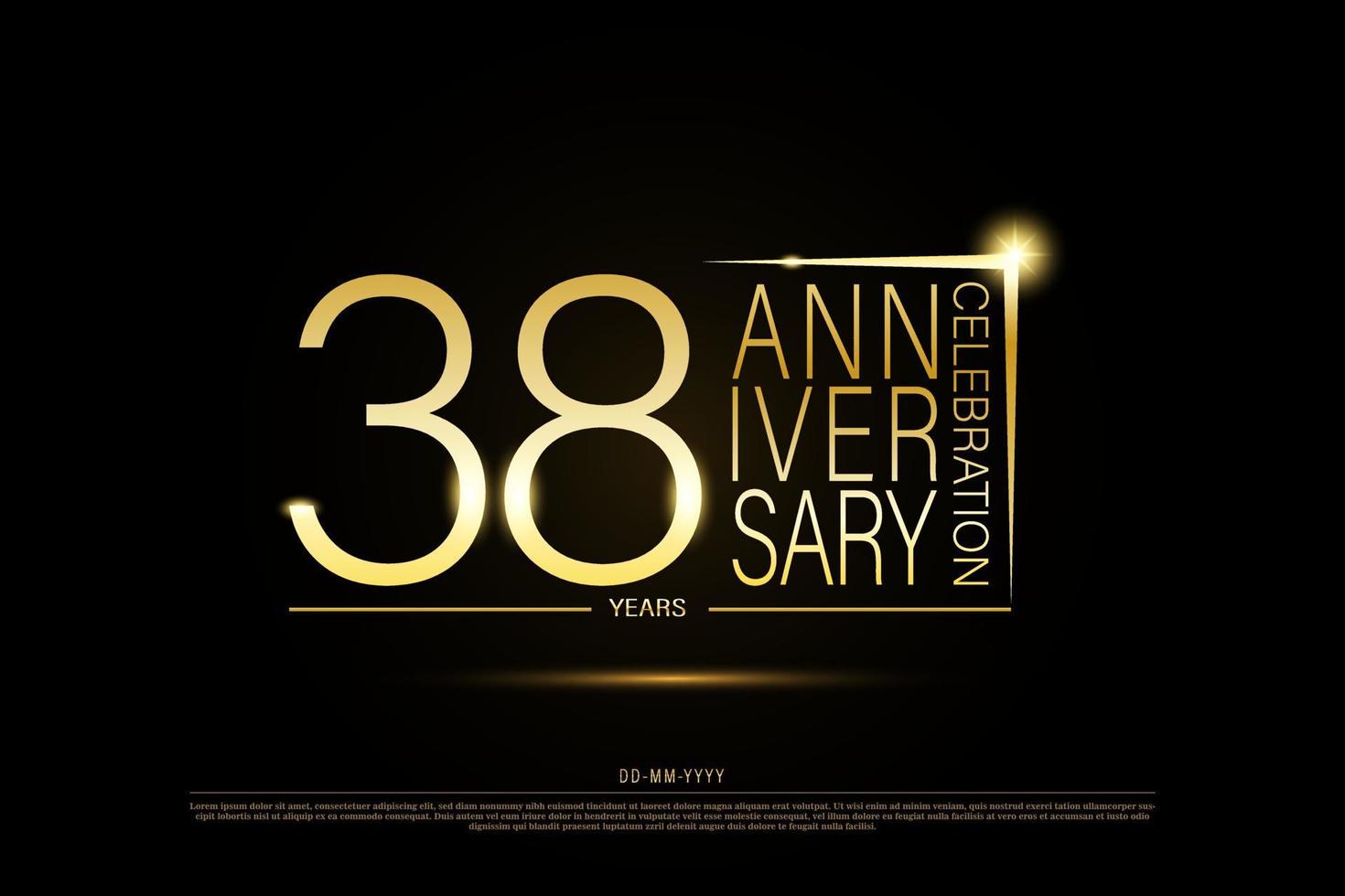 Logotipo dorado de 38 años de aniversario sobre fondo negro, diseño vectorial para celebración. vector