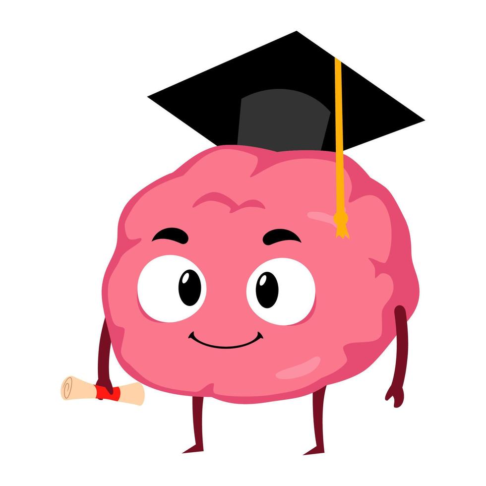 graduado de cerebro con tablero de mortero, ilustración de dibujos animados de personaje de mascota vector