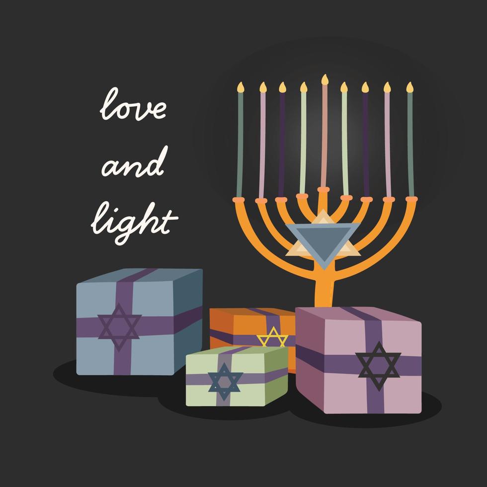 feliz hanukkah, fondo del festival judío de luces para tarjetas de felicitación, invitación, pancarta, regalos, amor y luz vector