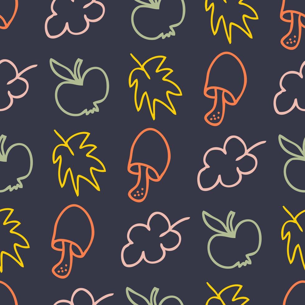 Doodle mushrooms, apples and leaves seamless pattern. vector