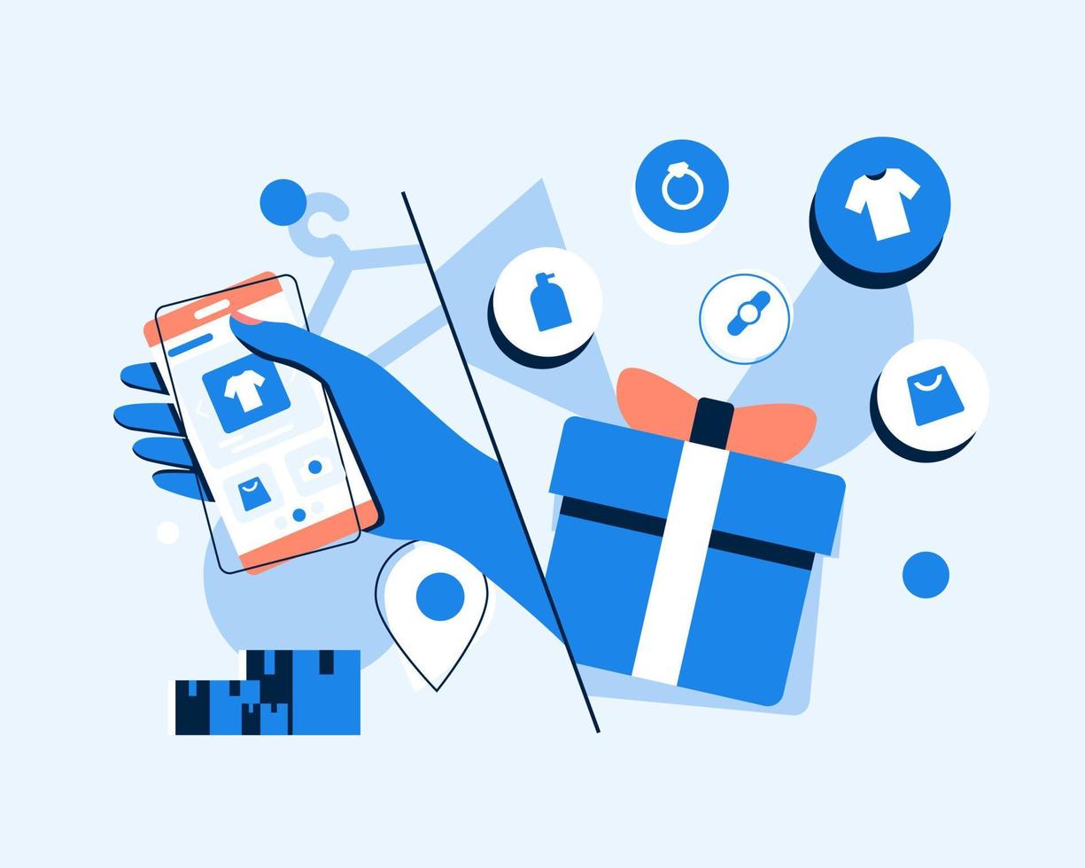 Online shopping. Smartphone turned into internet shop. Concept of mobile marketing and e-commerce. Isometric supermarket smartphone with icons of purchases vector