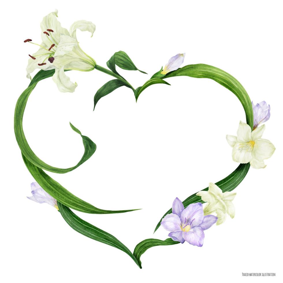 Tropical heart wreath with white lily and violet freesia vector