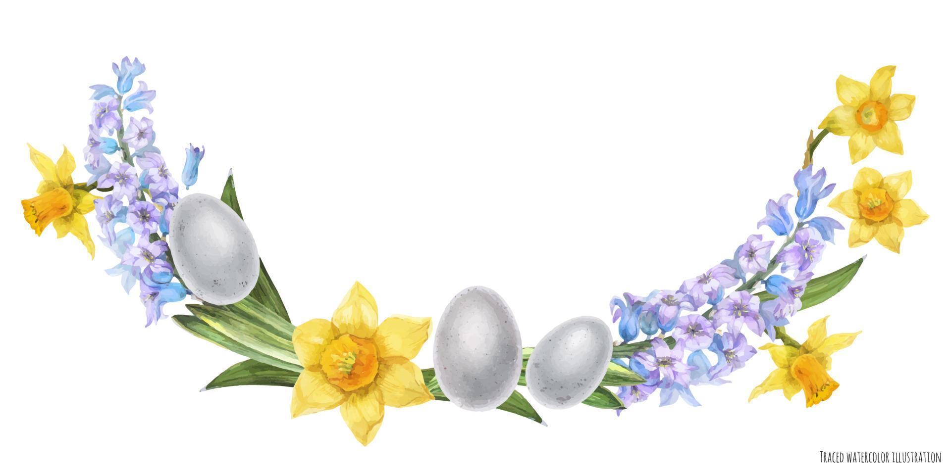 Easter watercolor arc with hyachinth and daffodil flowers and bird eggs vector