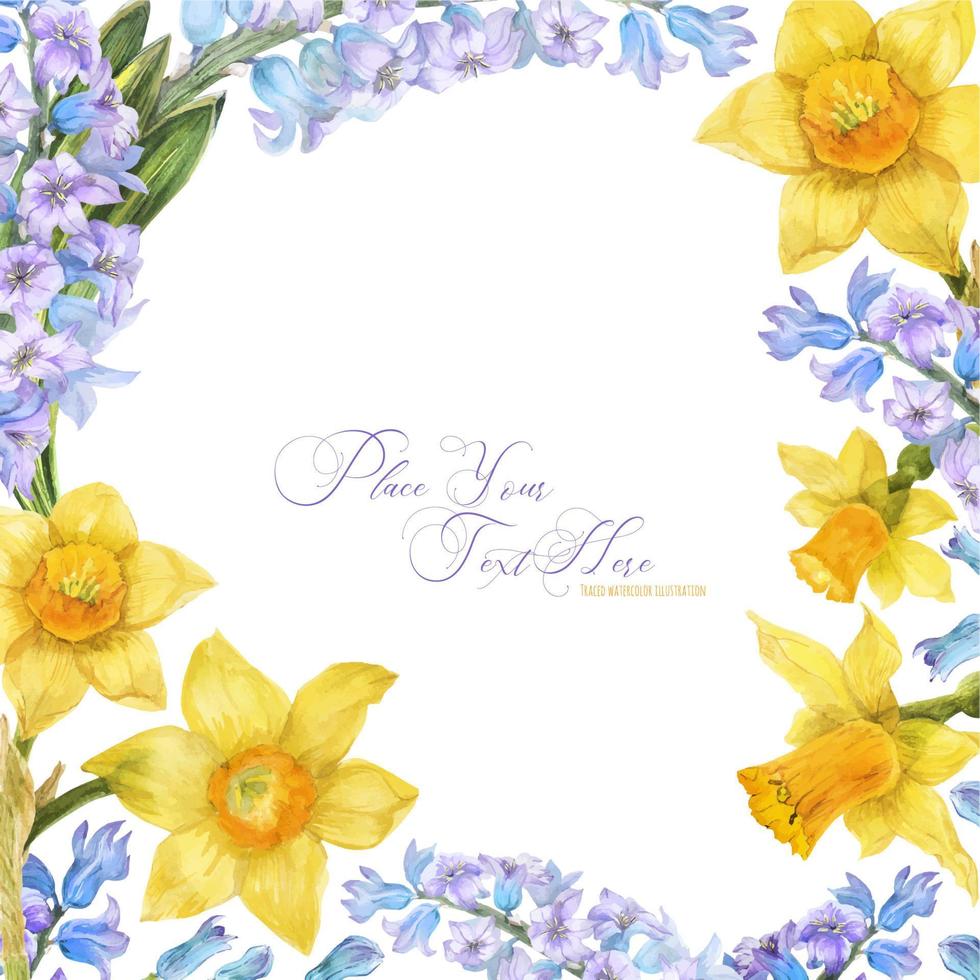 Spring watercolor frame with daffodil and hyacinth flowers vector