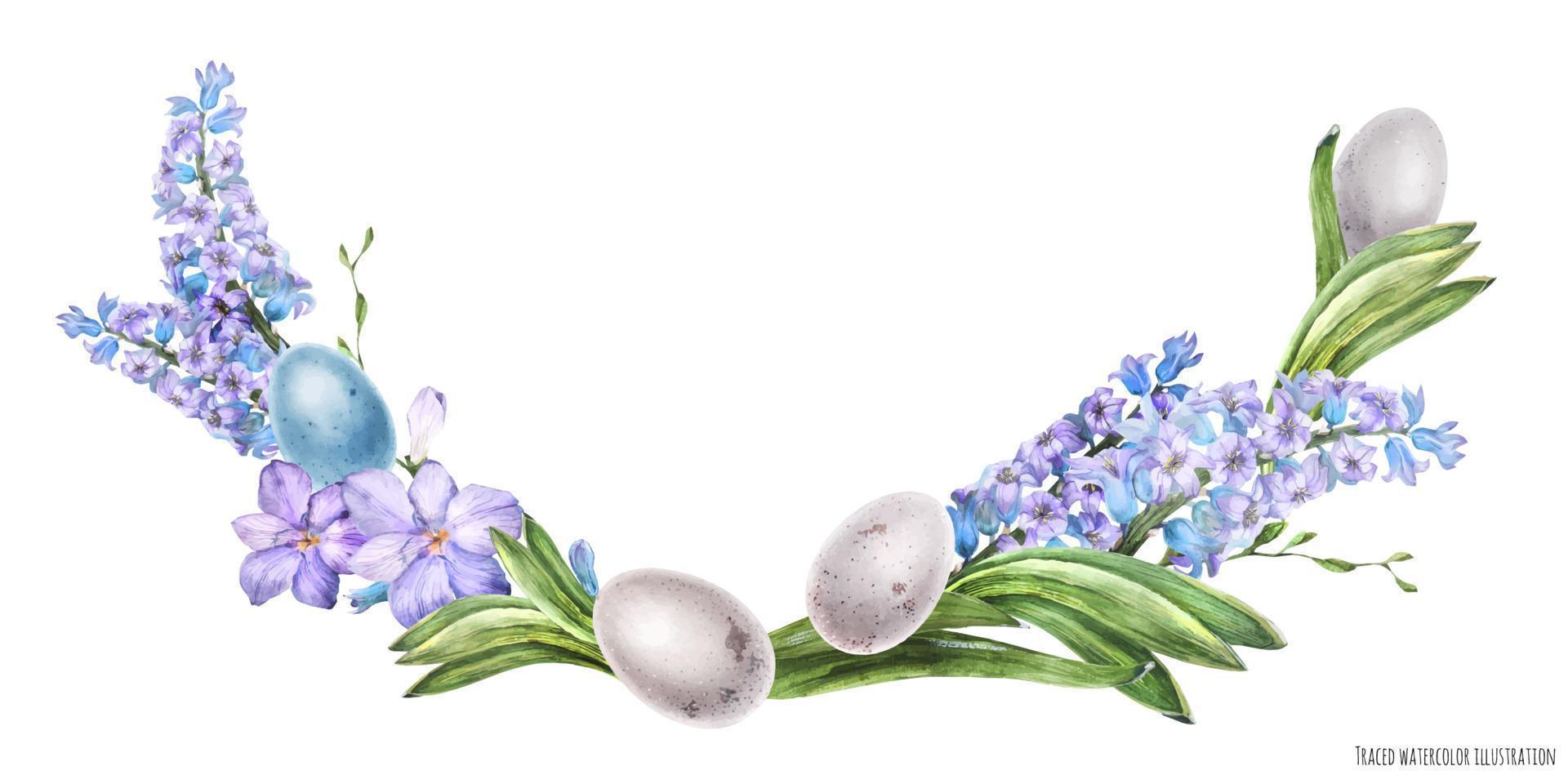 Decorative watercolor arc with hyachinth flowers and bird eggs vector