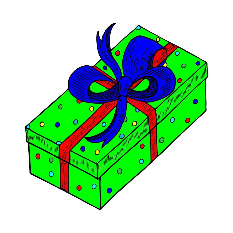 caja de regalo verde con sorpresa, celebración de cumpleaños, navidad, paquete de regalo especial, recompensa del programa de fidelidad, regalo milagroso con signo de exclamación, icono vectorial, ilustración plana dibujada a mano. vector