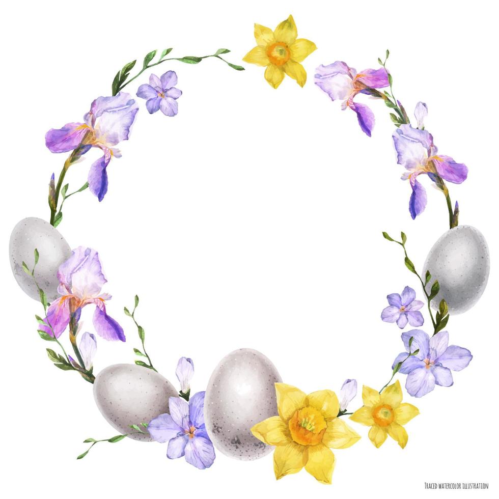 Decorative watercolor wreath with flowers and eggs vector