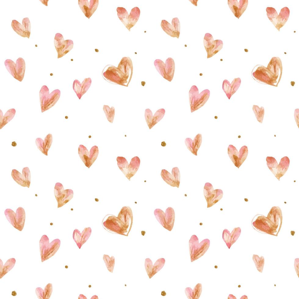 Seamless pattern with a romantic traced light pink watercolor hearts and golden dots vector