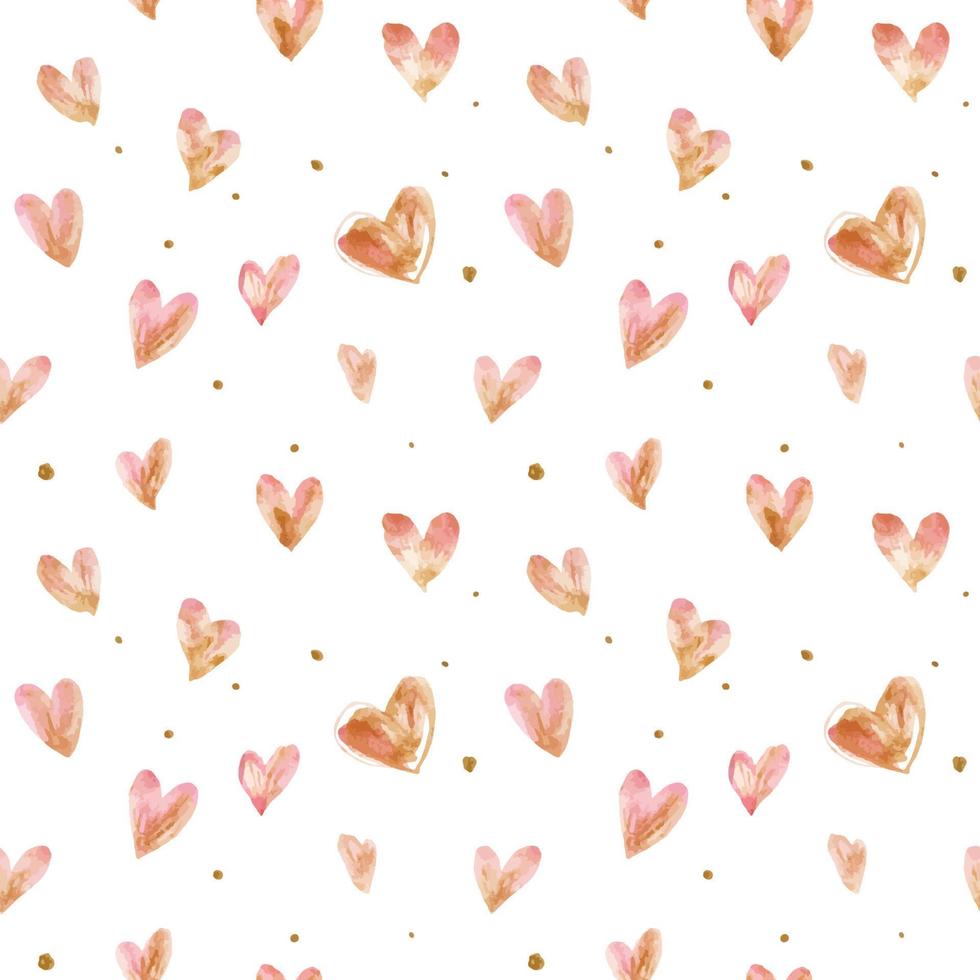 Seamless pattern with a romantic traced light pink watercolor hearts and golden dots vector